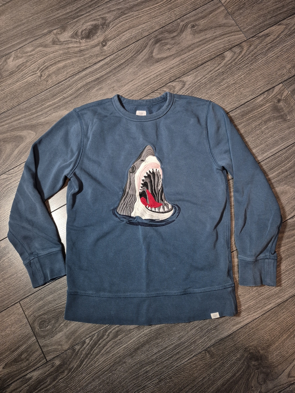 Gap Kids Boys Embroidered 3D Shark Crewneck Sweatshirt Blue Size XL 12